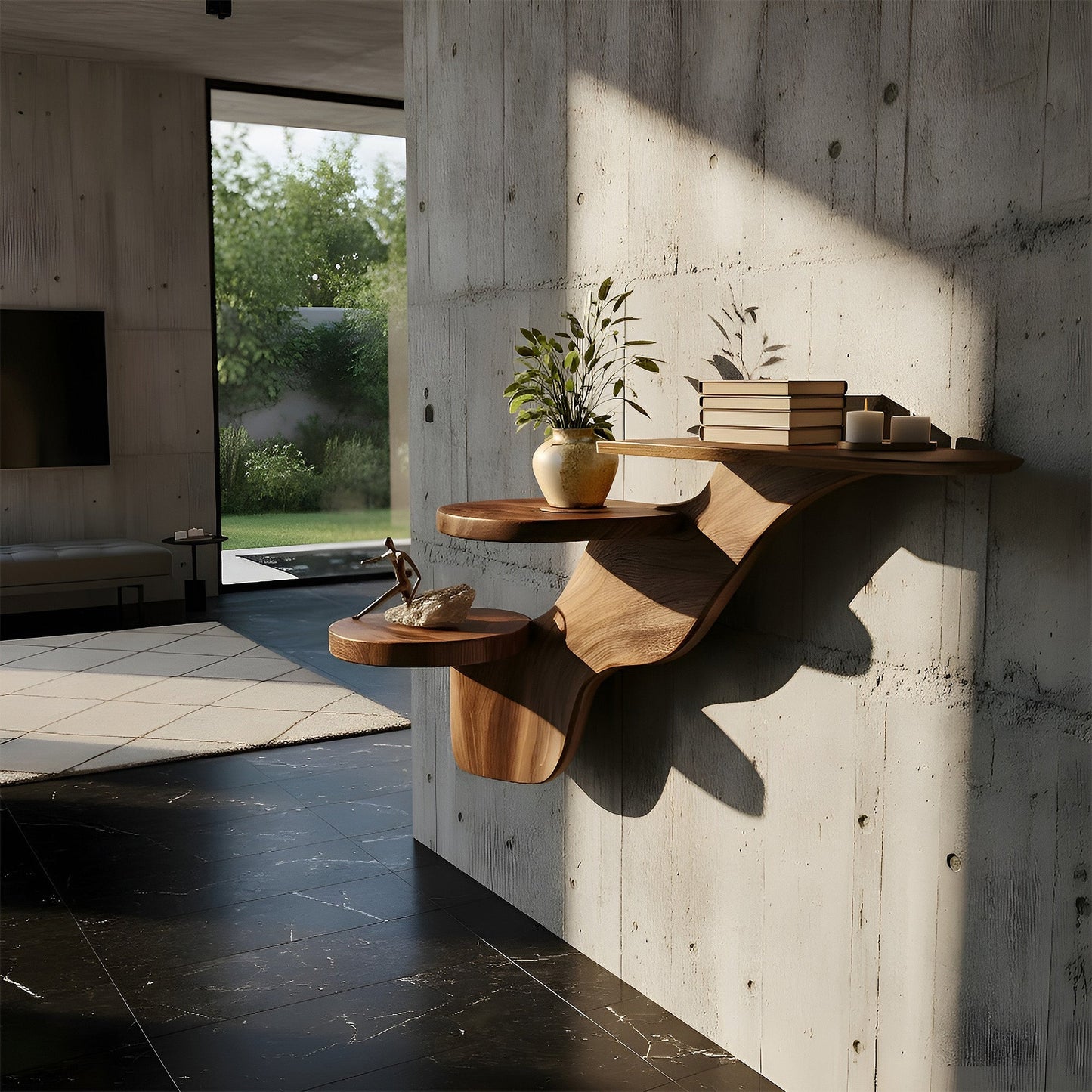 Multi-Level Sculptural Floating Wall Shelf in Natural Wood
