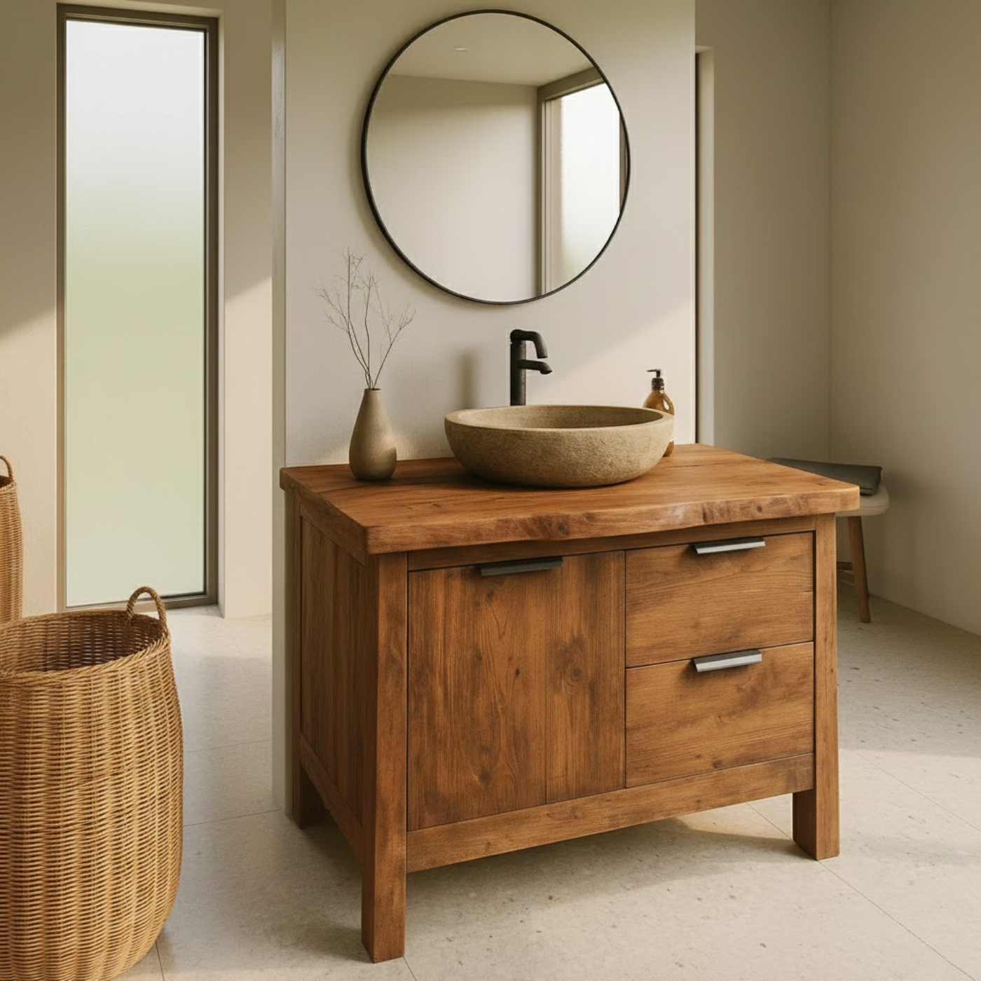 Handcrafted Solid Wood Bathroom Vanity with Live-Edge Top and Modern Drawer Design Kitchnce