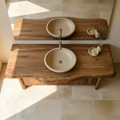 Handcrafted Solid Wood Bathroom Vanity with Live-Edge Walnut Top & Soft-Close Doors Kitchnce