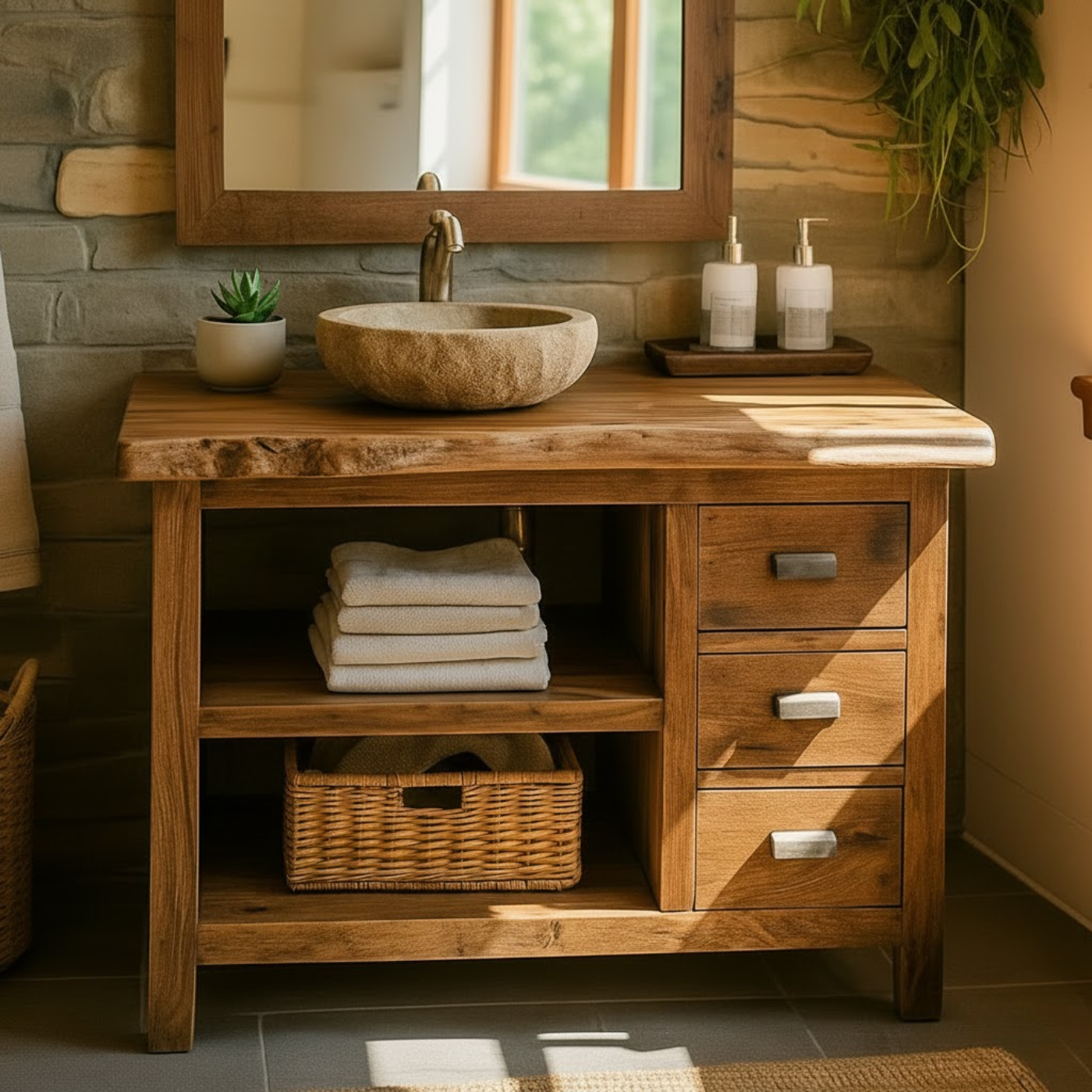 Handcrafted Solid Wood Bathroom Vanity with Live-Edge Top and Spacious Open Storage Kitchnce