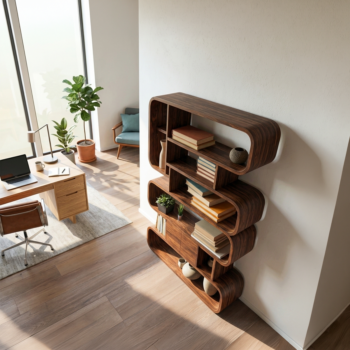 Statement Natural Wood Bookshelf With Rounded Form For Home Kitchnce