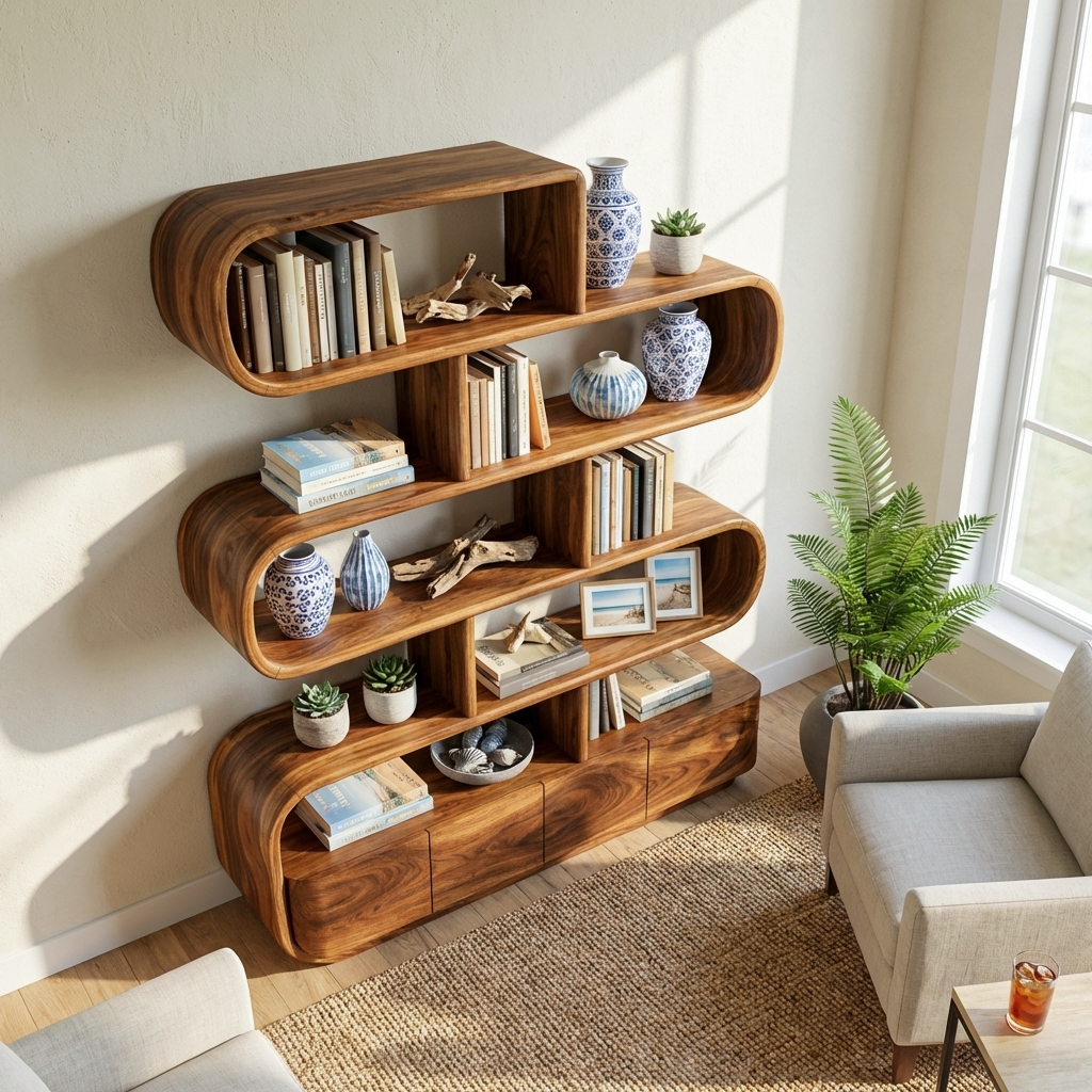 Organic Wooden Bookshelf With Flowing Form For Home Interior Kitchnce