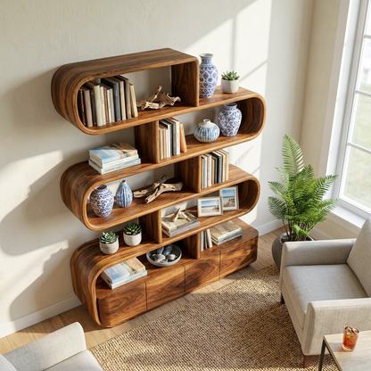 Organic Wooden Bookshelf With Flowing Form For Home Interior Kitchnce