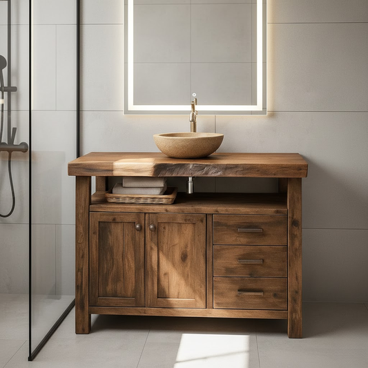 Rustic Solid Wood Bathroom Vanity with Double Door Cabinet and Three Drawers