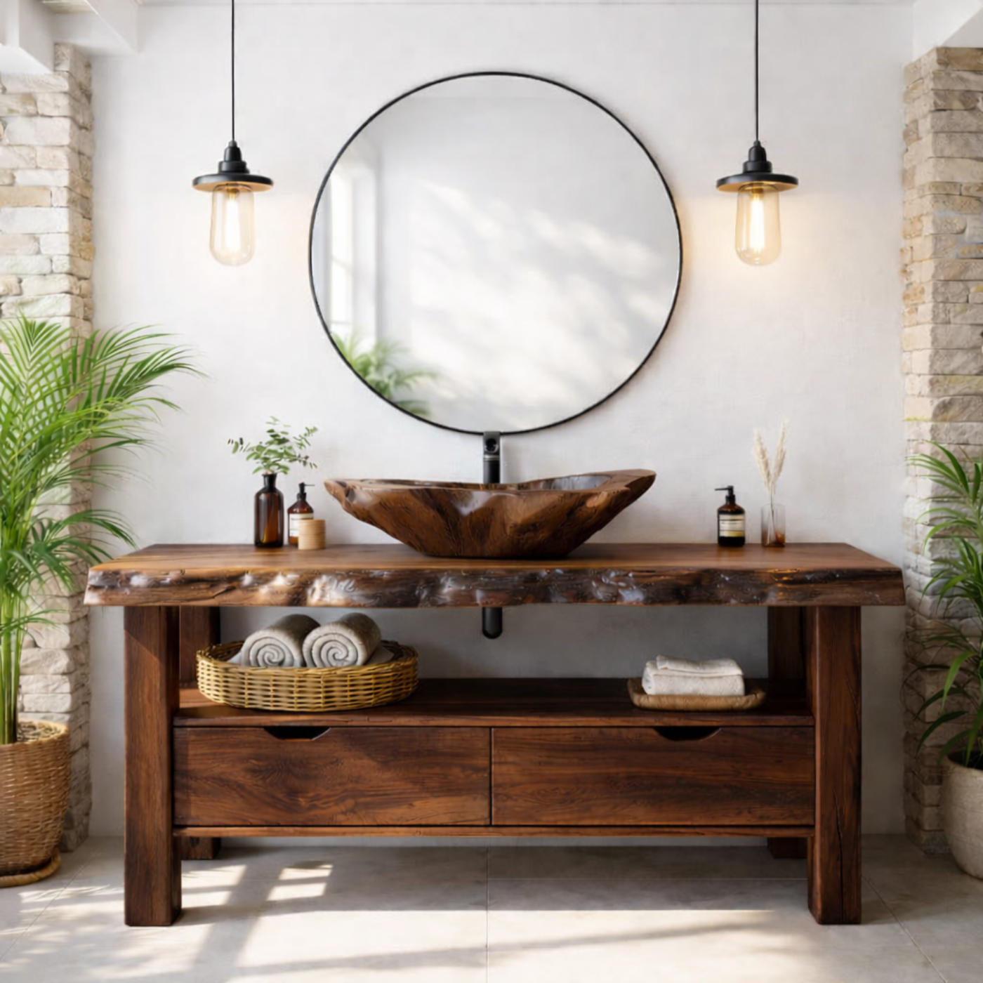 Solid Wood Bathroom Vanity with Live Edge Countertop and Open Shelf – Rustic Modern Bathroom Cabinet Kitchnce