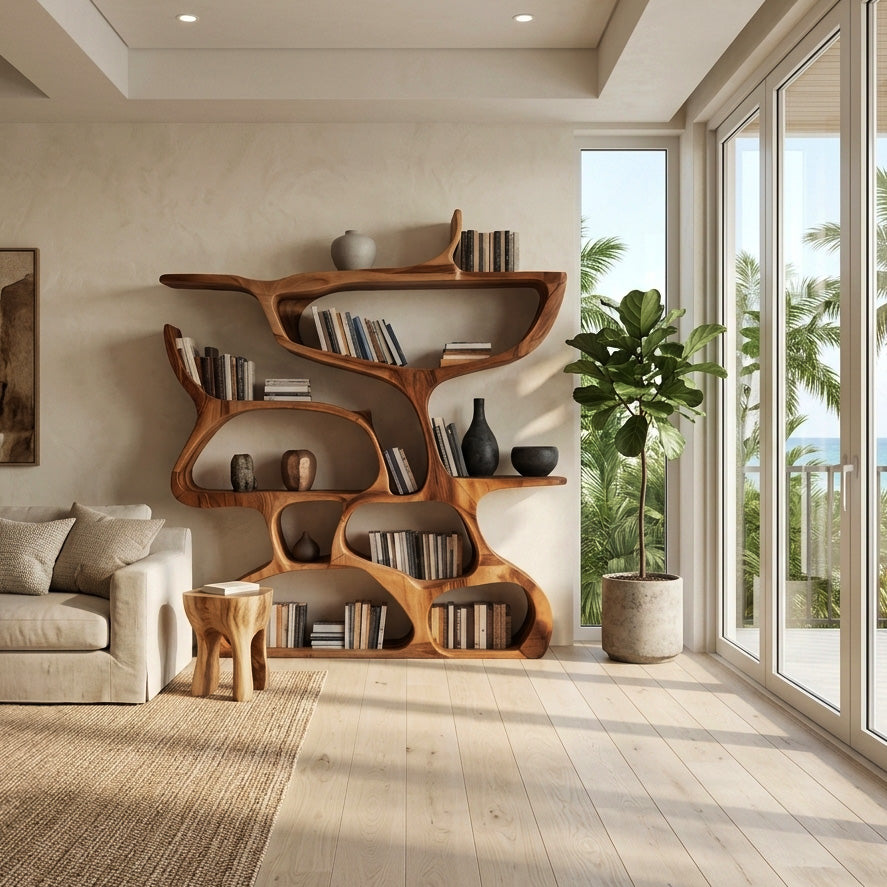 Modern Bookshelf With Organic Carved Design For Living Room Or Office Kitchnce