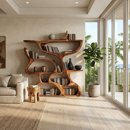 Modern Bookshelf With Organic Carved Design For Living Room Or Office Kitchnce