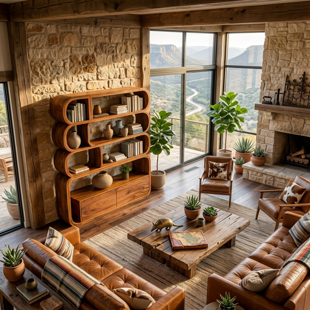 Modern Natural Wood Bookshelf With Curved Structure For Living Room Kitchnce