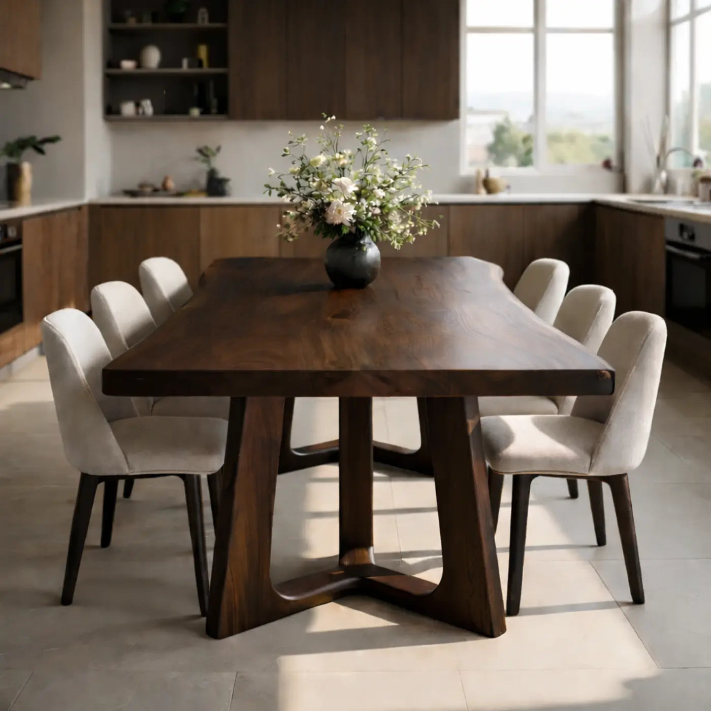 Organic Solid Wood Dining Table with Sculptural Pedestal Base Kitchnce