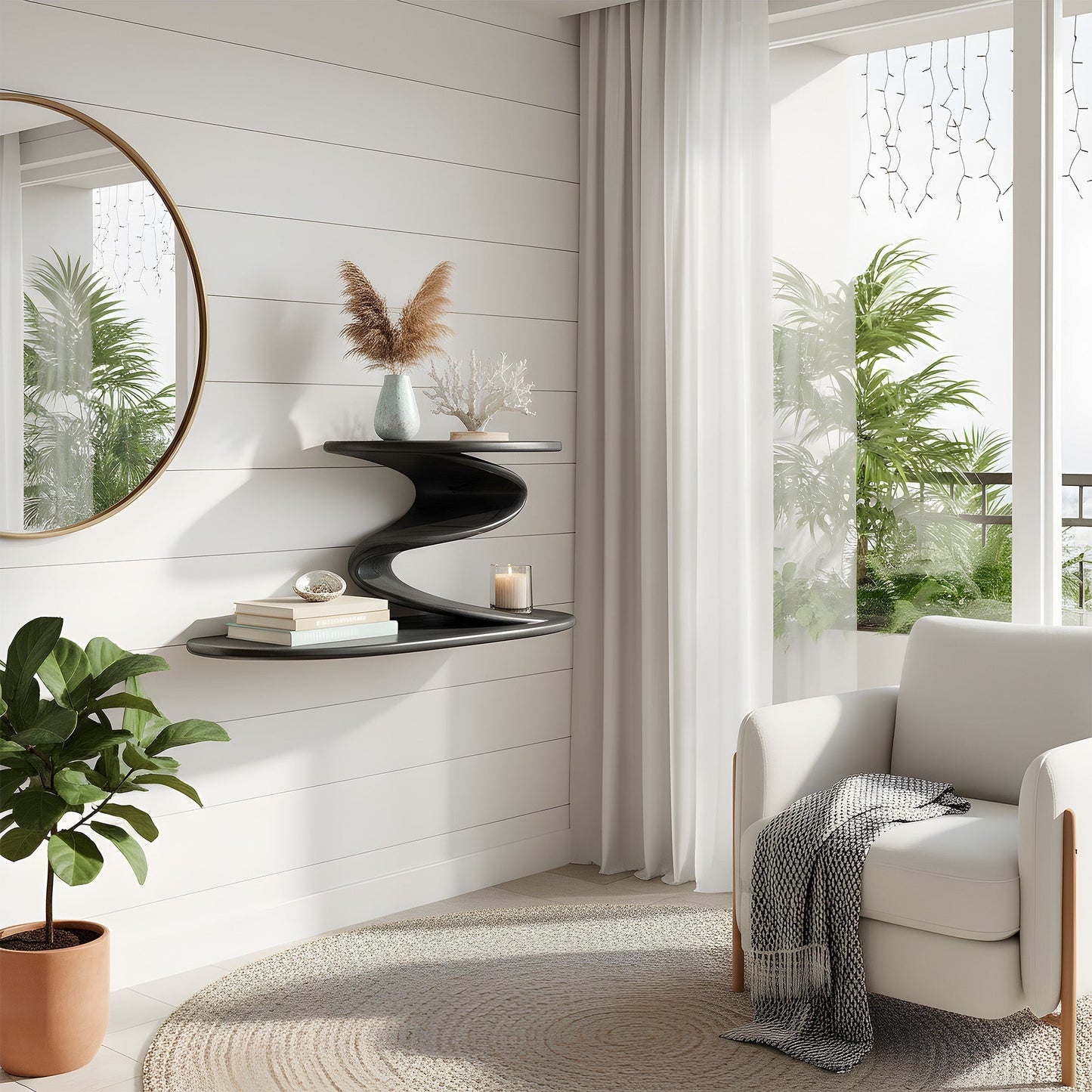S-Shaped Sculptural Floating Wall Shelf with Dual Levels