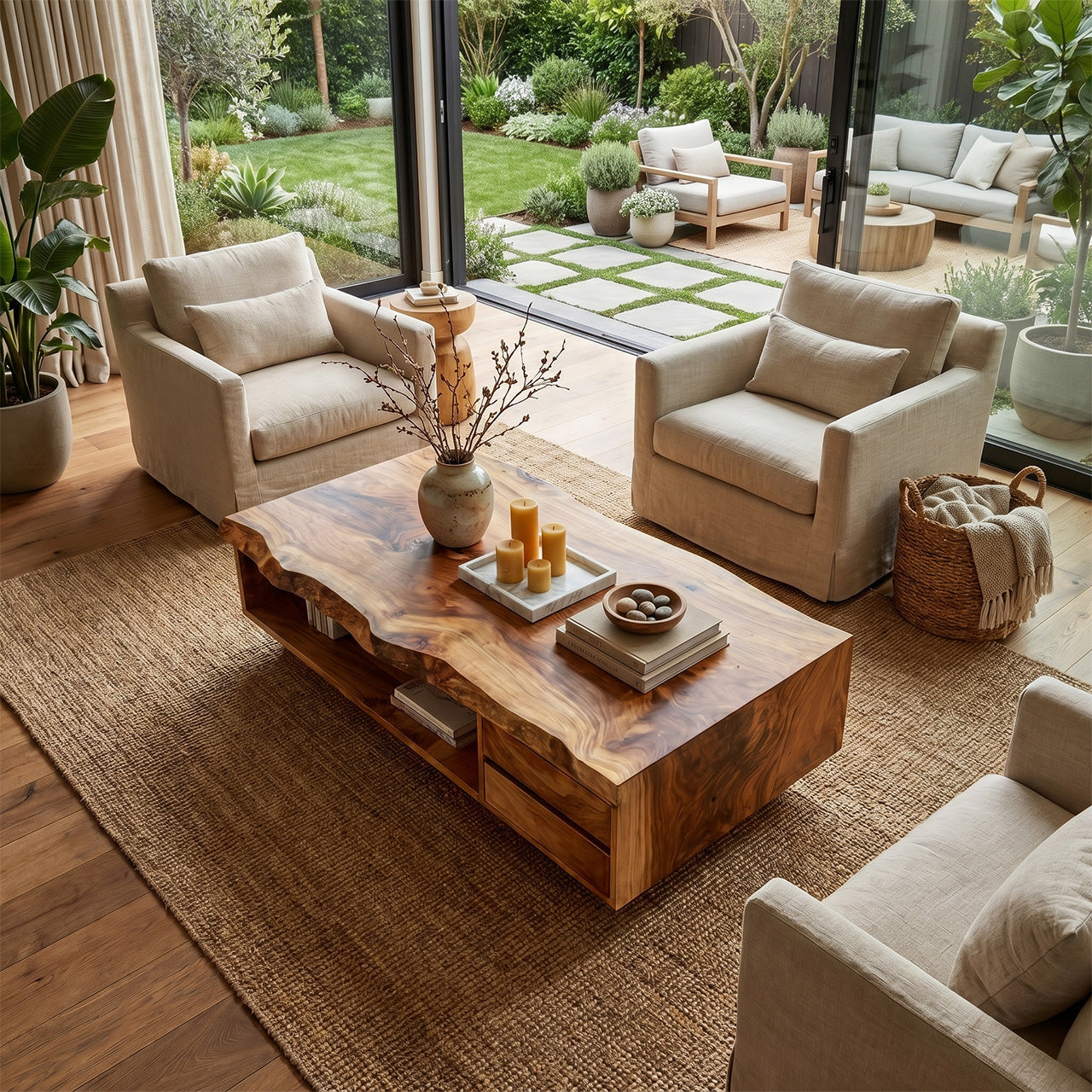 Live Edge Coffee Table With Drawers And Open Storage