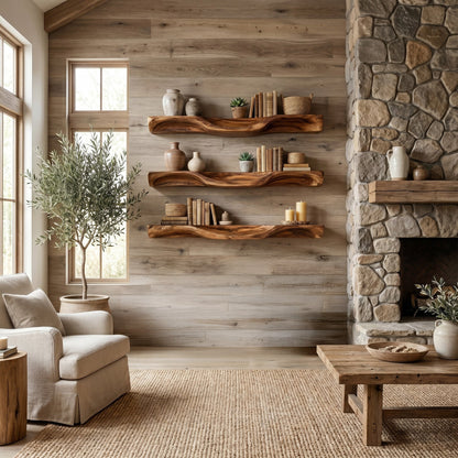 Rustic Solid Wood Wall-Mounted Shelf with Live Edge Design