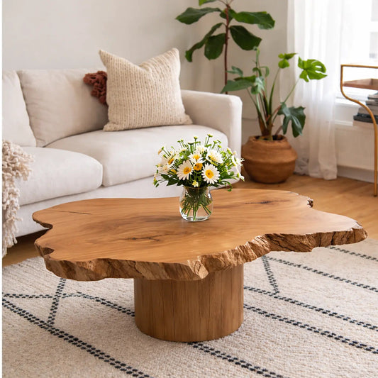 Live Edge Solid Wood Coffee Table for Living Room with Pedestal Base Kitchnce