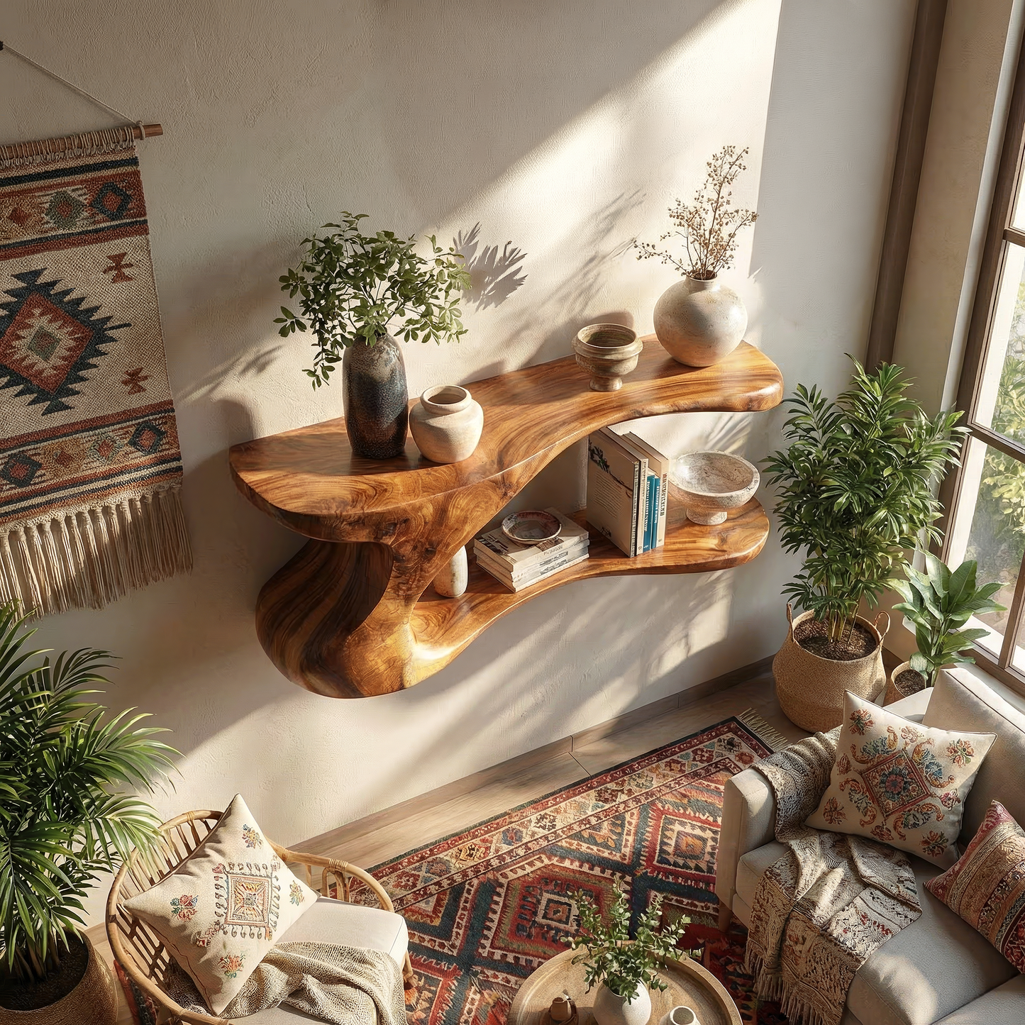 Natural Wood Floating Shelf with Sculptural Dual-Level Curve
