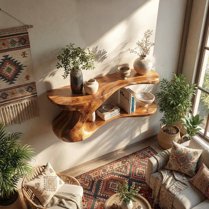 Natural Wood Floating Shelf with Sculptural Dual-Level Curve