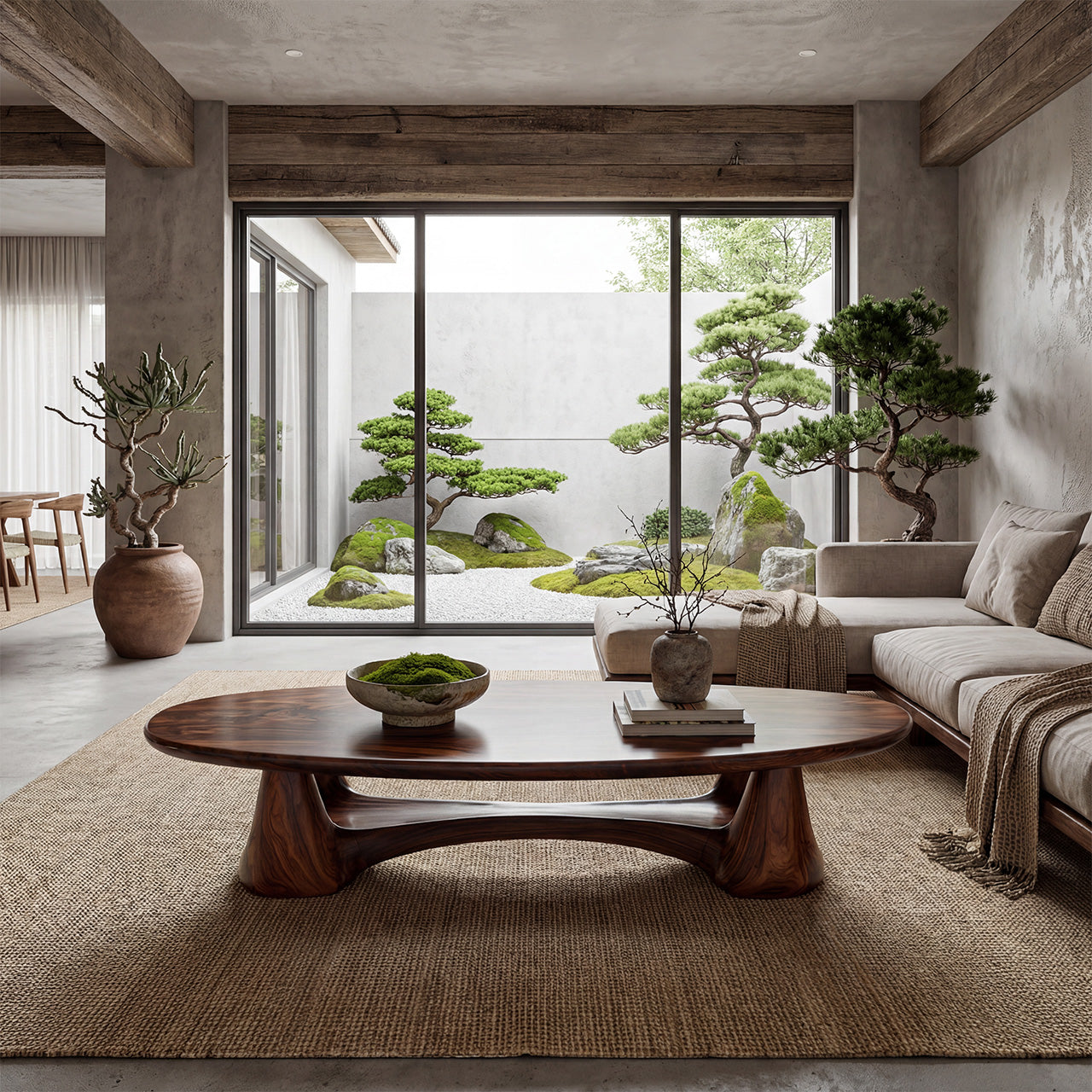 Organic Oval Coffee Table With Sculptural Pedestal Base