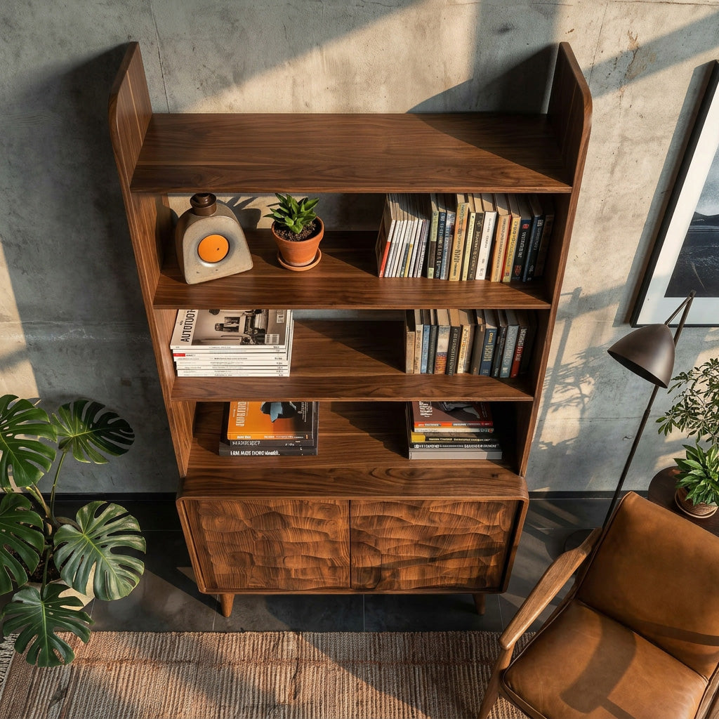 Modern Bookshelf With Carved Wave Cabinet Doors For Home Kitchnce