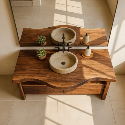 Handcrafted Solid Wood Bathroom Vanity with Live-Edge Walnut Top and Modern Storage Drawers Kitchnce