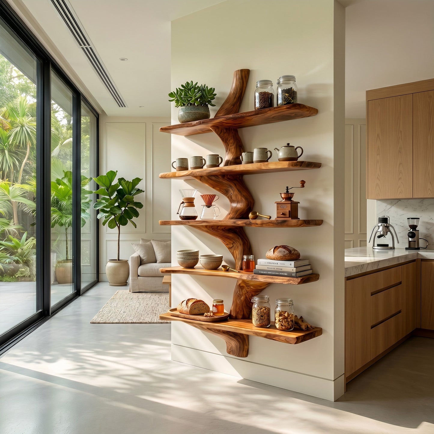 Organic Wood Kitchen Wall Shelf With Layered Display