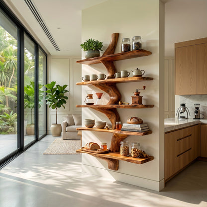 Organic Wood Kitchen Wall Shelf With Layered Display