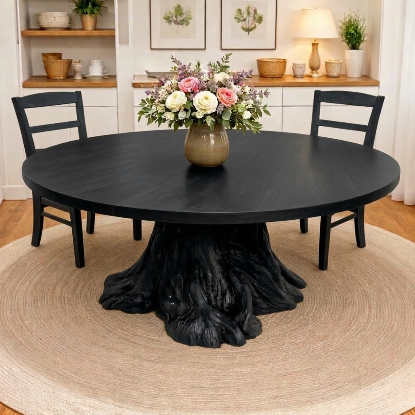 Round Solid Wood Dining Table with Natural Tree Stump Pedestal Base