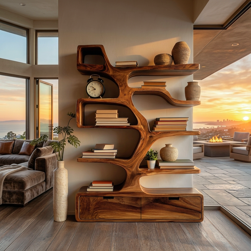 Contemporary Wooden Bookshelf Sculpted Design For Living Space Kitchnce