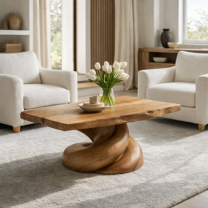 Solid Wood Coffee Table with Live Edge Top and Organic Sculptural Base