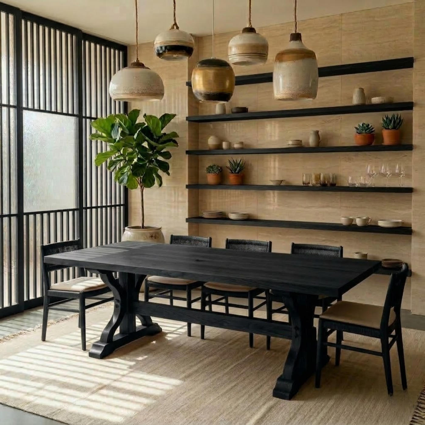 Solid Wood Dining Table for Dining Room with Sculpted Trestle Base