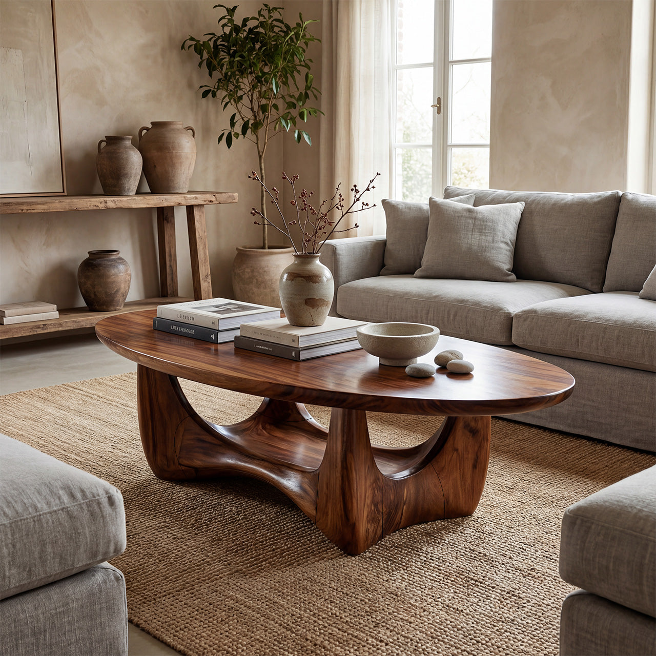 Round Sculptural Coffee Table With Open Pedestal Base