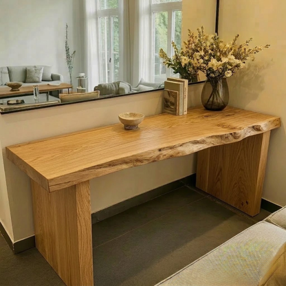 Solid Wood Console Table with Live Edge Top and Simple Block Base
