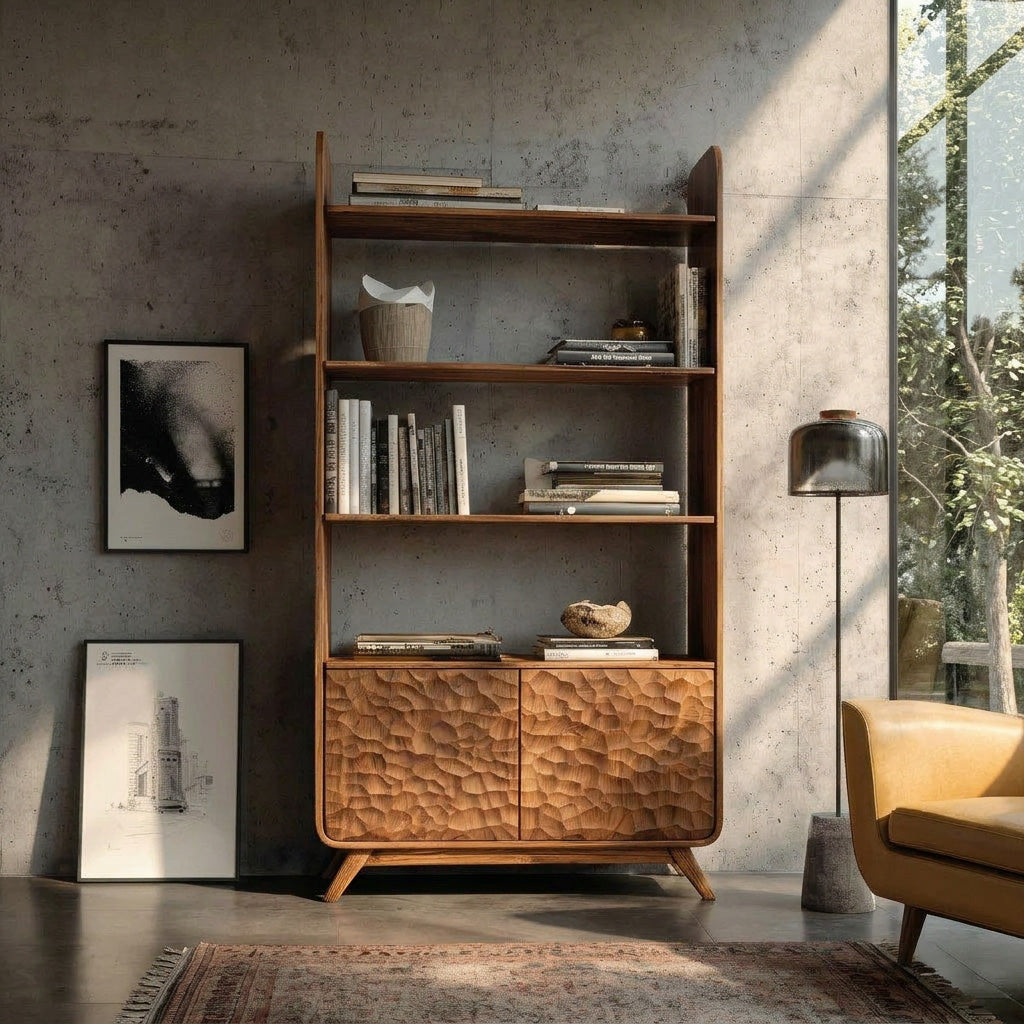 Contemporary Wooden Bookshelf With Sculpted Door Panels For Living Kitchnce