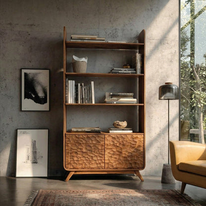 Contemporary Wooden Bookshelf With Sculpted Door Panels For Living Kitchnce