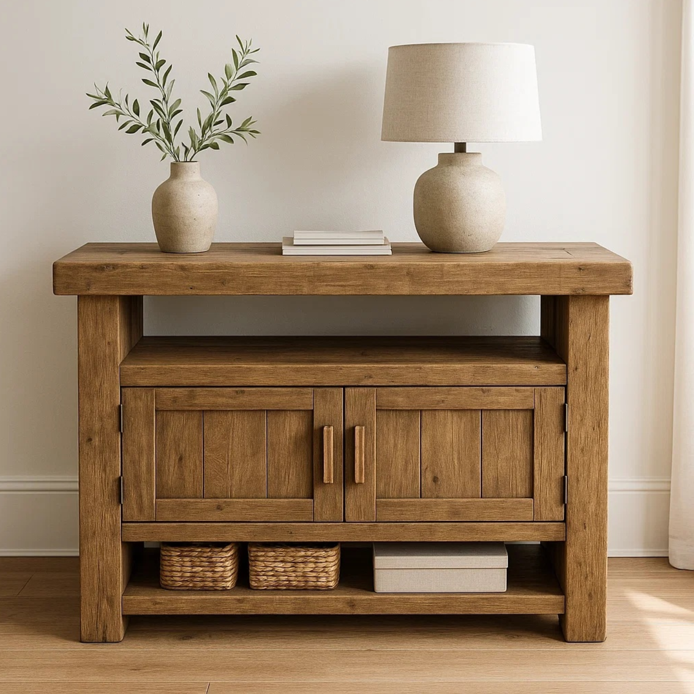 Solid Wood Console Table with Storage and Open Shelf