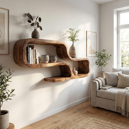 Natural Wood Floating Shelf with Sculpted Organic Edge