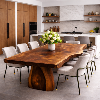 Solid Wood Live Edge Dining Table with Sculptural Pedestal Base – Modern Kitchen Table