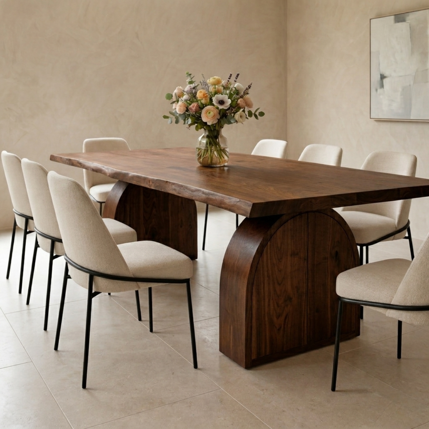 Solid Wood Live Edge Dining Table with Arch Base and Hidden Storage