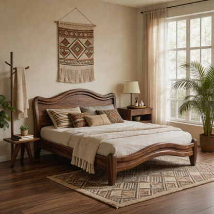 Modern Solid Wood Platform Bed with Curved Design