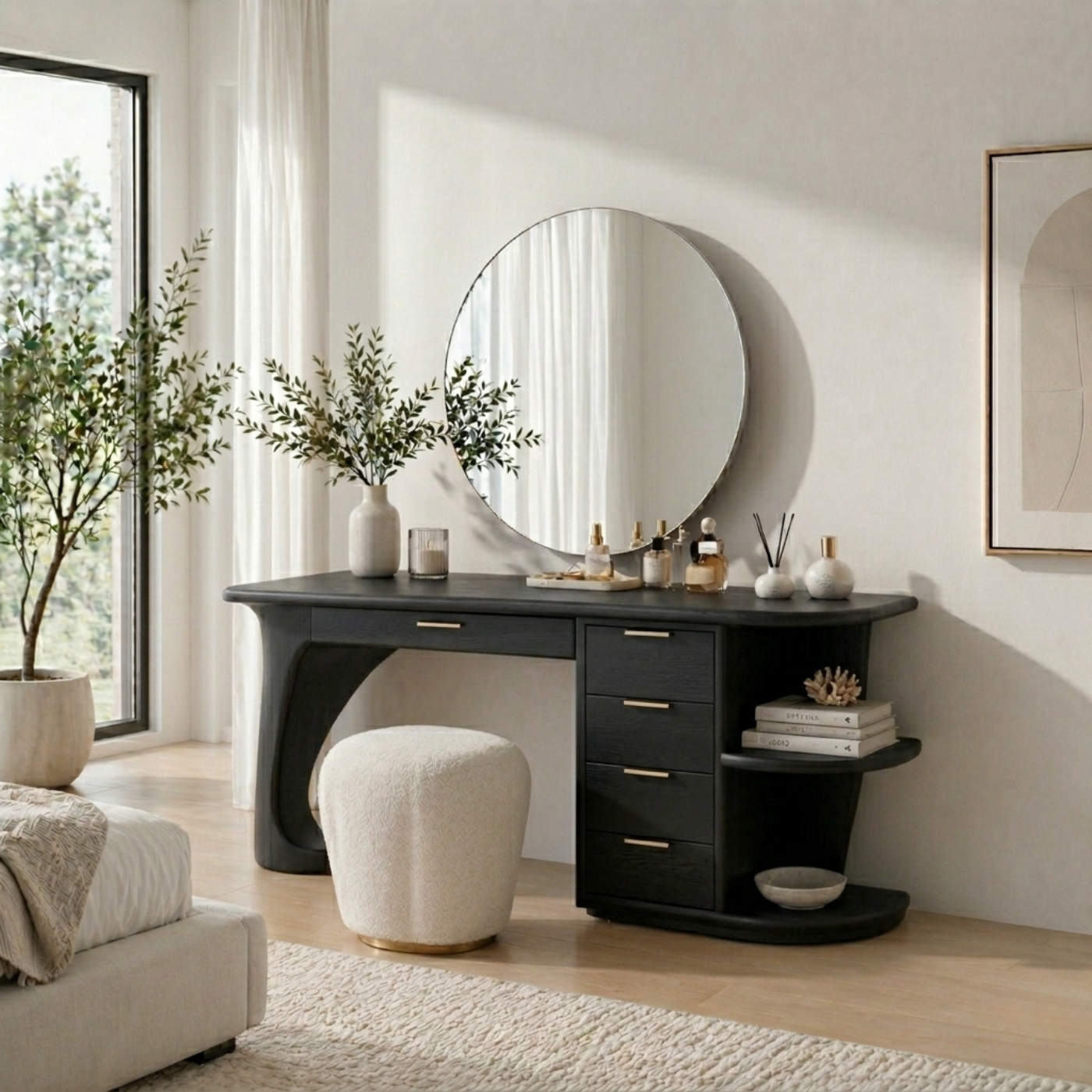 Solid Wood Makeup Vanity Desk with Curved Base and Multi Drawer Storage