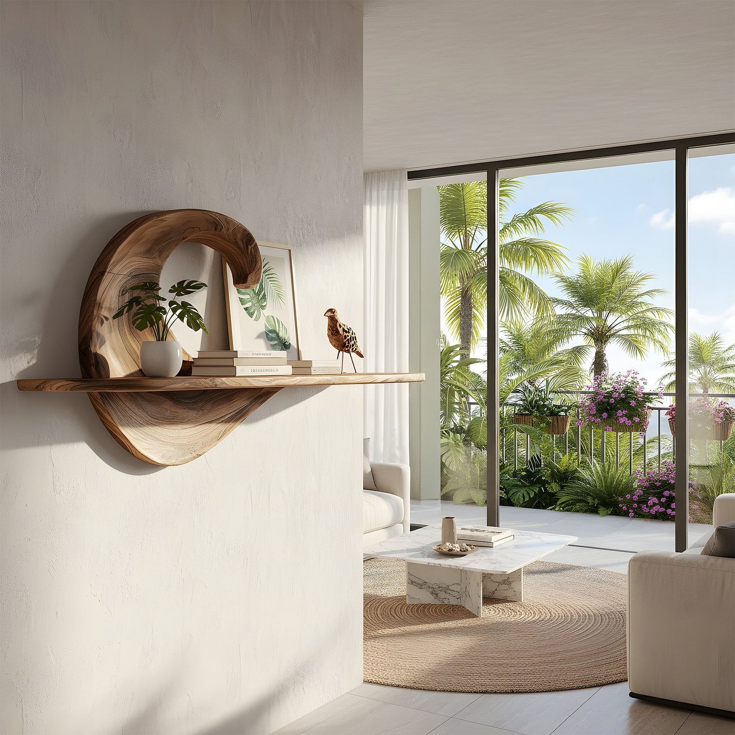 Wave Sculptural Floating Wall Shelf in Natural Wood