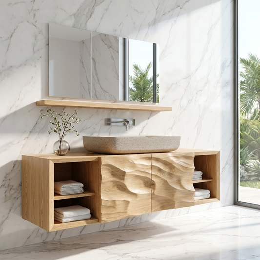 Modern Solid Wood Bathroom Vanity with Floating Storage and Sculpted Front Doors