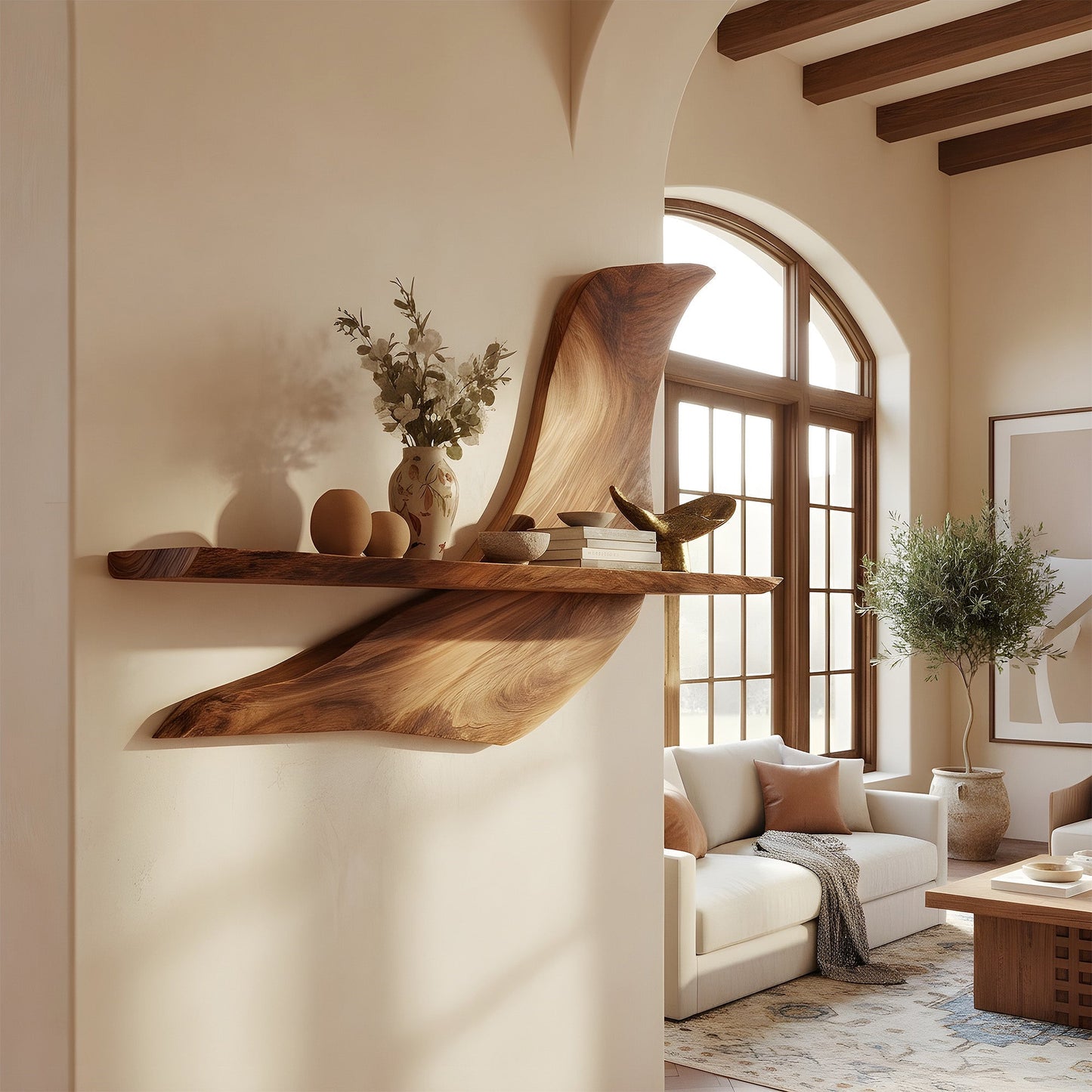 Asymmetrical Wall-Mounted Shelf in Natural Wood with Sculptural Form