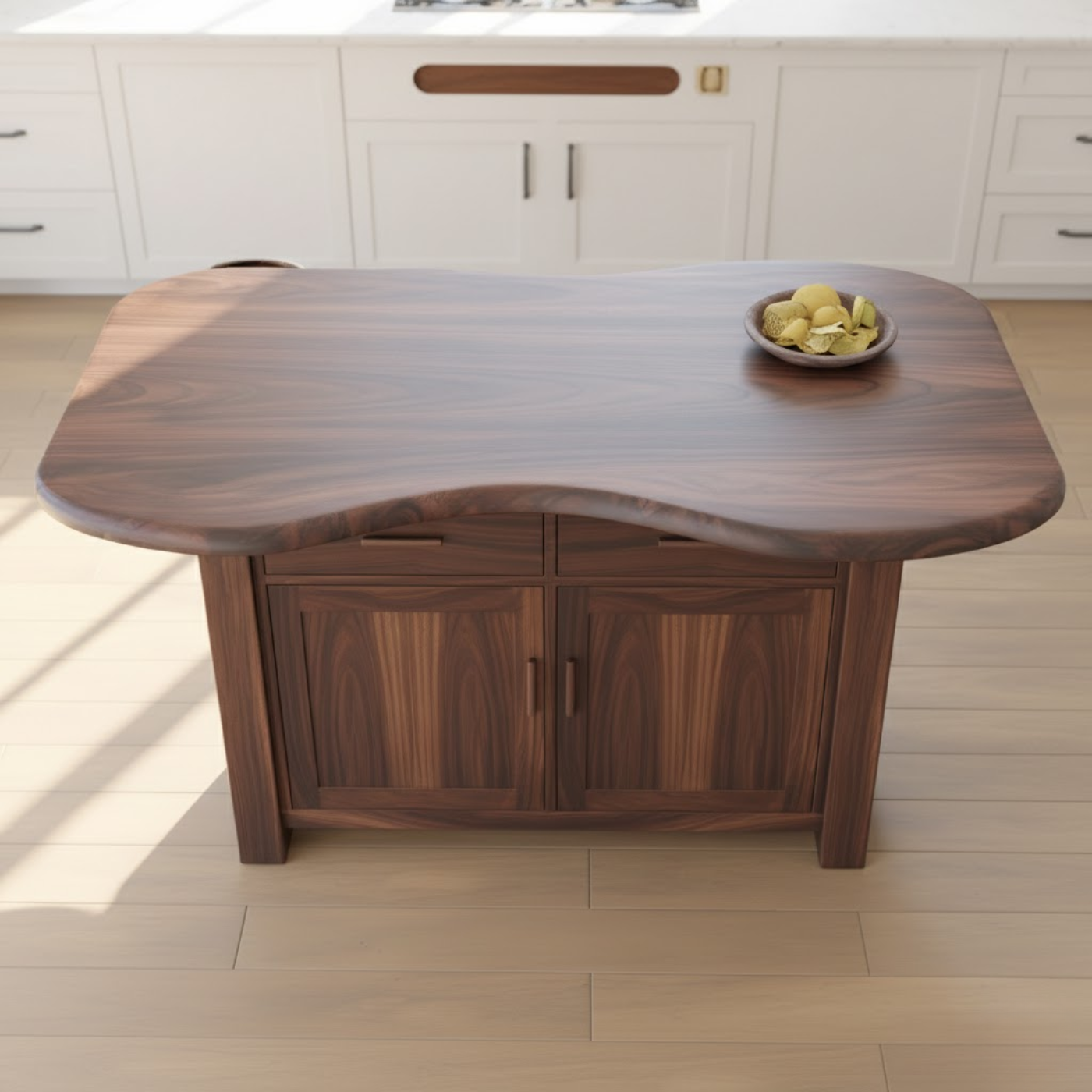 Handcrafted Solid Wood Kitchen Island with Live-Edge Curved Top and Spacious Storage Kitchnce
