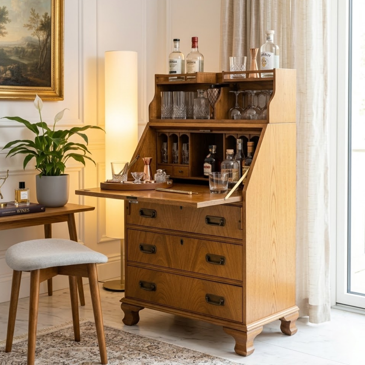 Mid Century Bar Cabinet, Fold-Down Cocktail Console with Glassware Bottle Storage