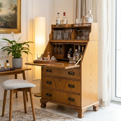 Mid Century Bar Cabinet, Fold-Down Cocktail Console with Glassware Bottle Storage