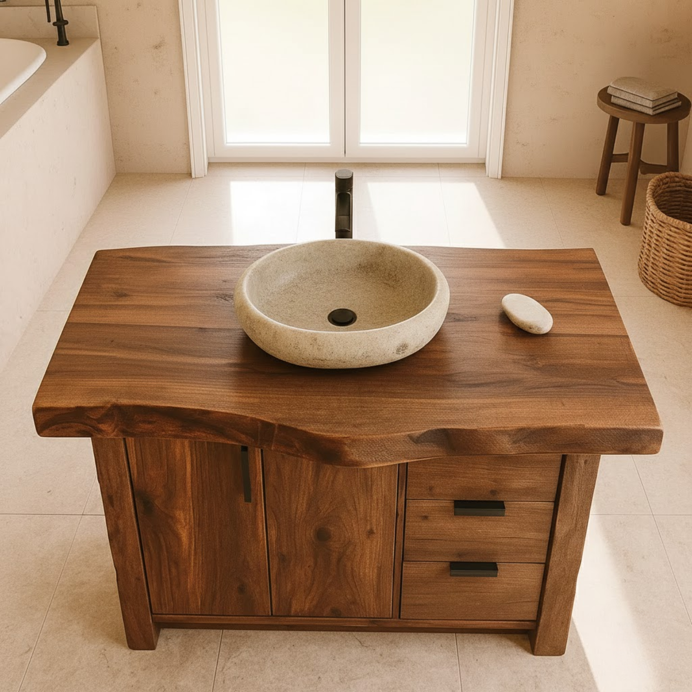 Handcrafted Solid Wood Bathroom Vanity with Live-Edge Top and Modern Storage Drawers Kitchnce