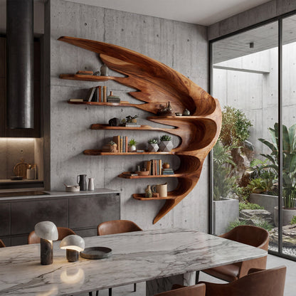 Wing Form Wood Wall Shelf With Open Display