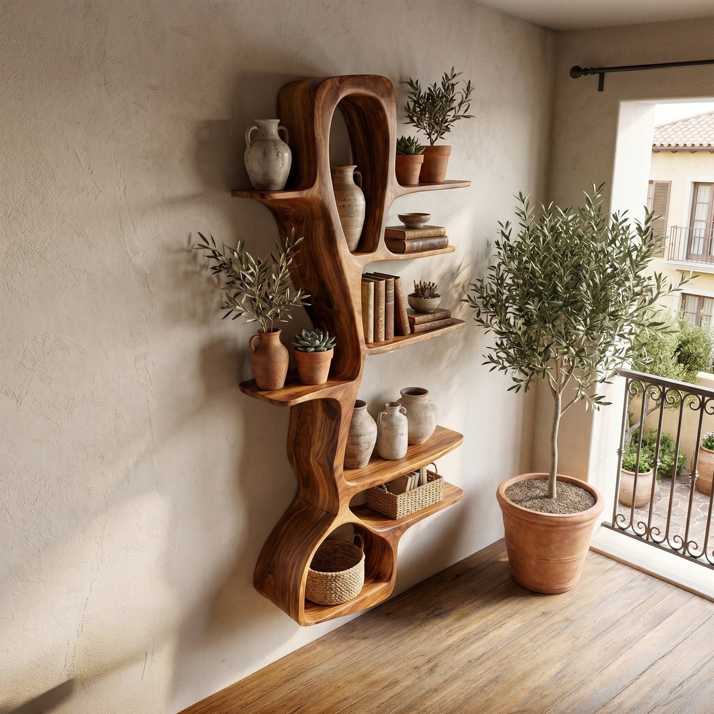 Sculptural Wood Wall Shelf With Vertical Open Display