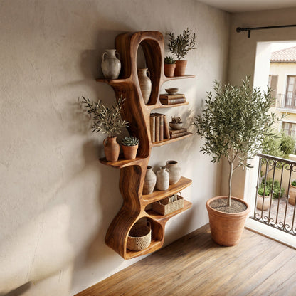 Sculptural Wood Wall Shelf With Vertical Open Display