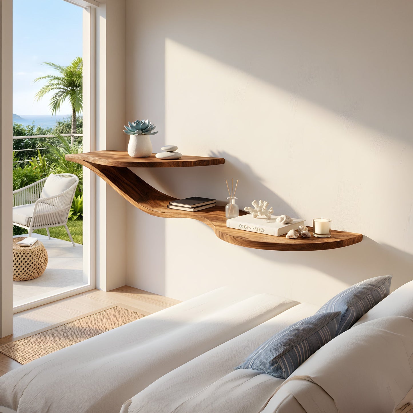 Wave-Inspired Floating Wall Shelf in Natural Wood with Dual Levels