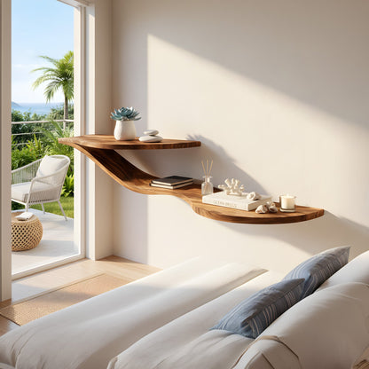 Wave-Inspired Floating Wall Shelf in Natural Wood with Dual Levels